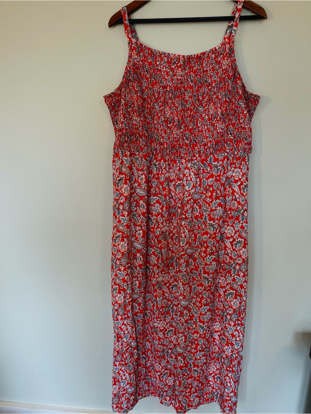 Old Navy Red Floral Smocked Maxi Dress Cottagecore  boho-chic whimsical summer